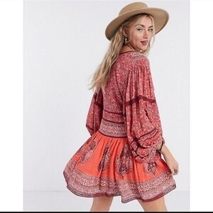 FreePeople BOHO Luna scarf red floral flowy print tunic dress long sleeves Small